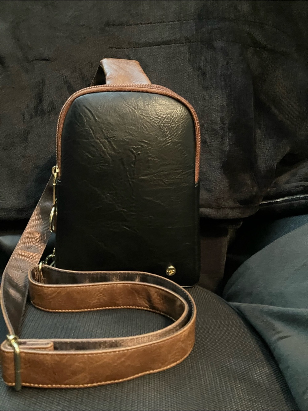 Women’s Black and Brown Crossbody Sling Bag - Classic Vegan Leather Look